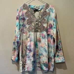 Soft Surroundings Bazille Tie Dye Embroidered Tunic with beading Size Petite S